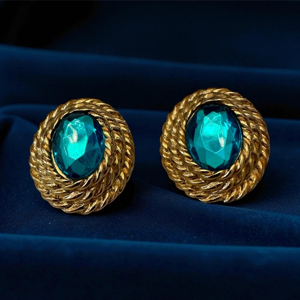 Vintage ‘80s Blue & Gold Tone Chunky Braided Statement Estate Earrings